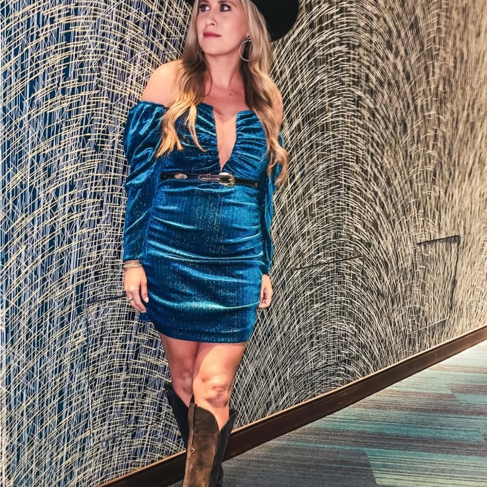 REVOLVE Blue Ruched Off-Shoulder Mini Dress